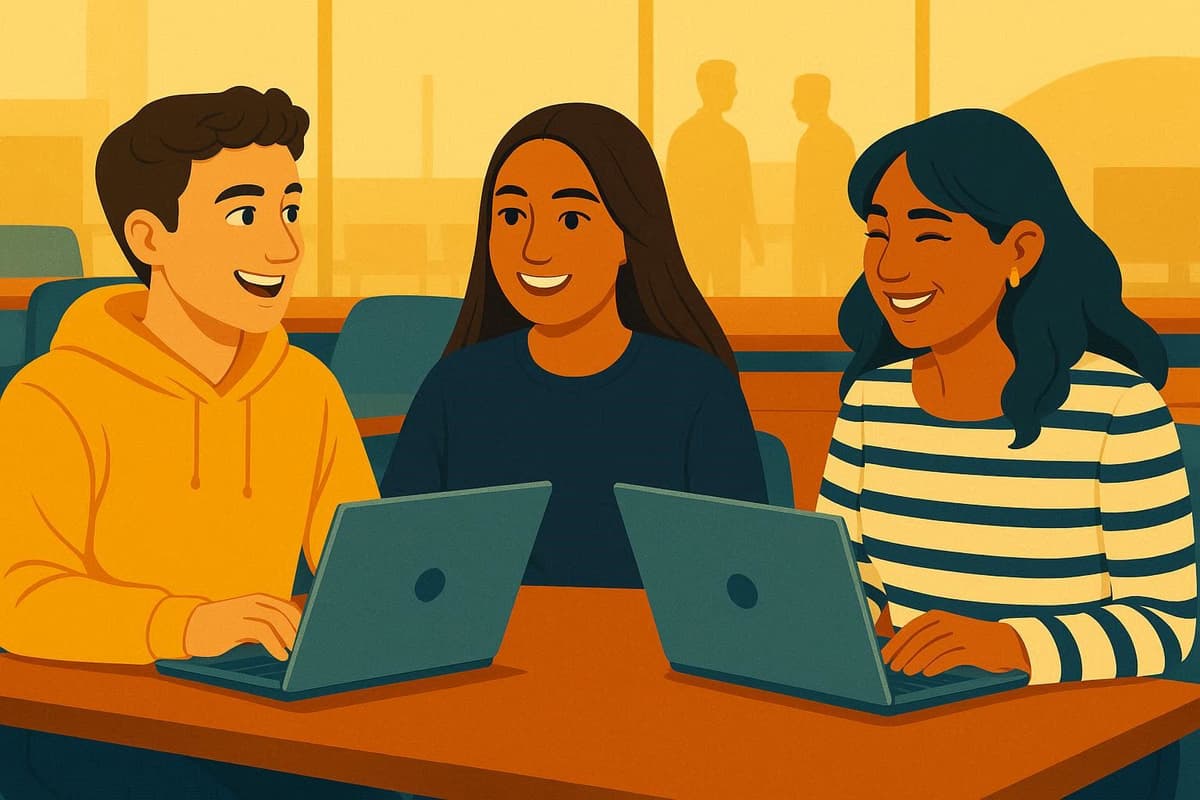 Students working on college applications